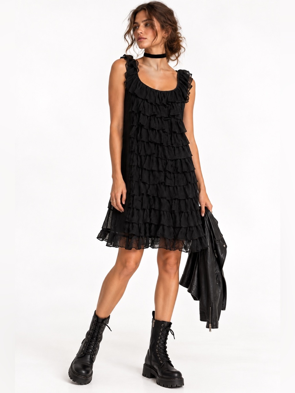 NWT VINTAGE 90's 100% Silk Whimsy Dark Romantic Black Ruffled Sleeveless Dress